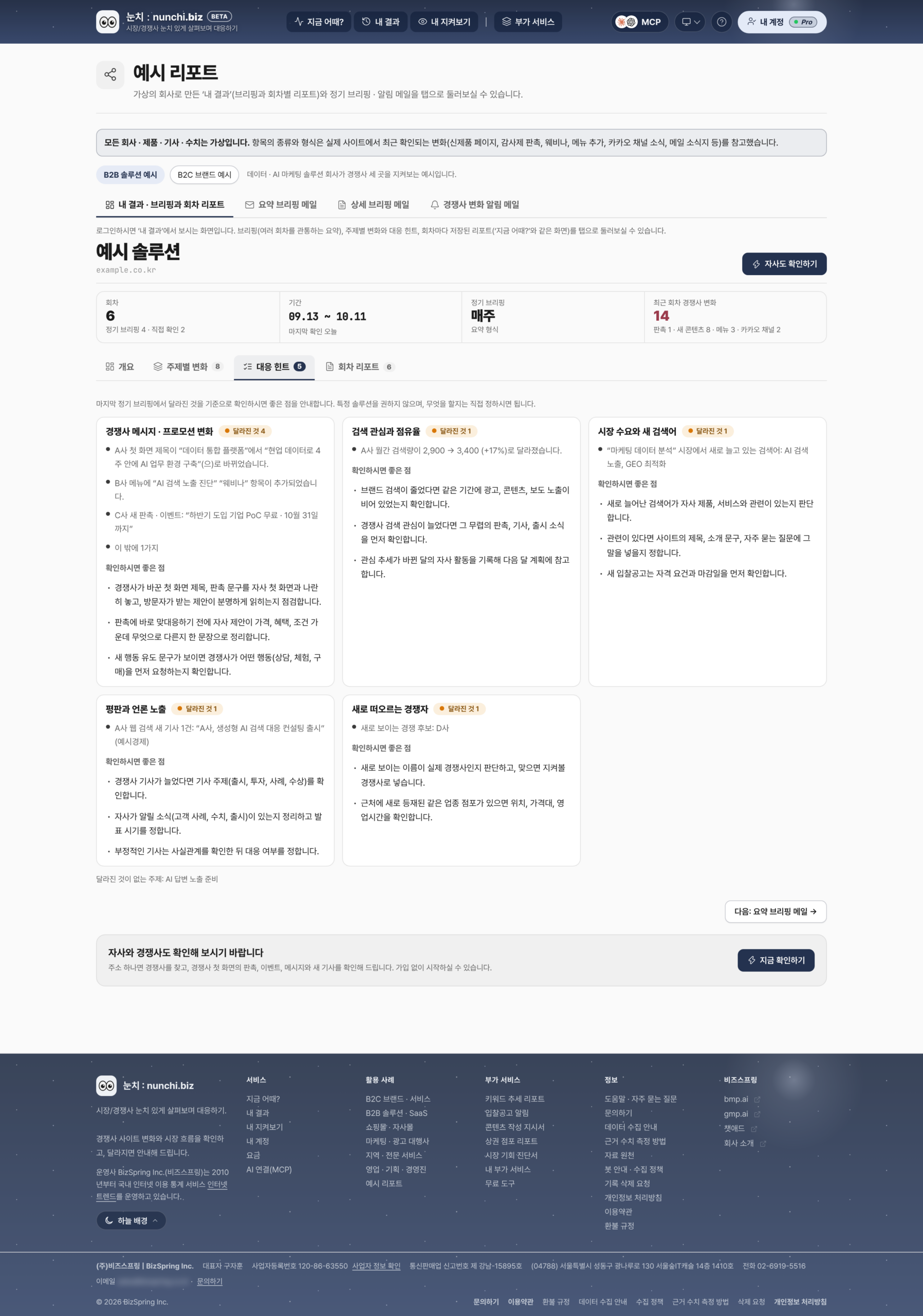 눈치 B2B 샘플 결과의 대응 힌트 화면