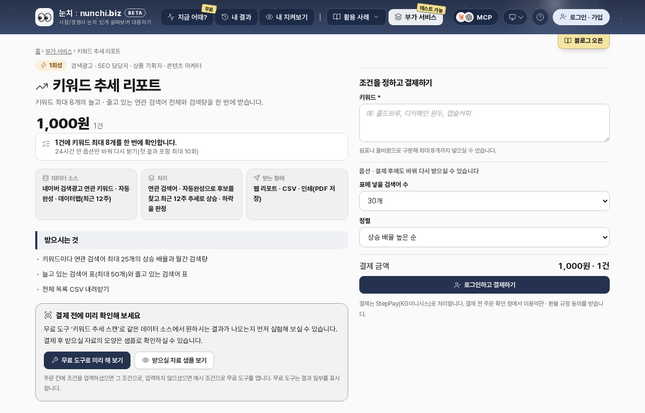 키워드 추세 리포트 상품 화면: 요금, 데이터 소스, 받는 것, 조건 입력 칸